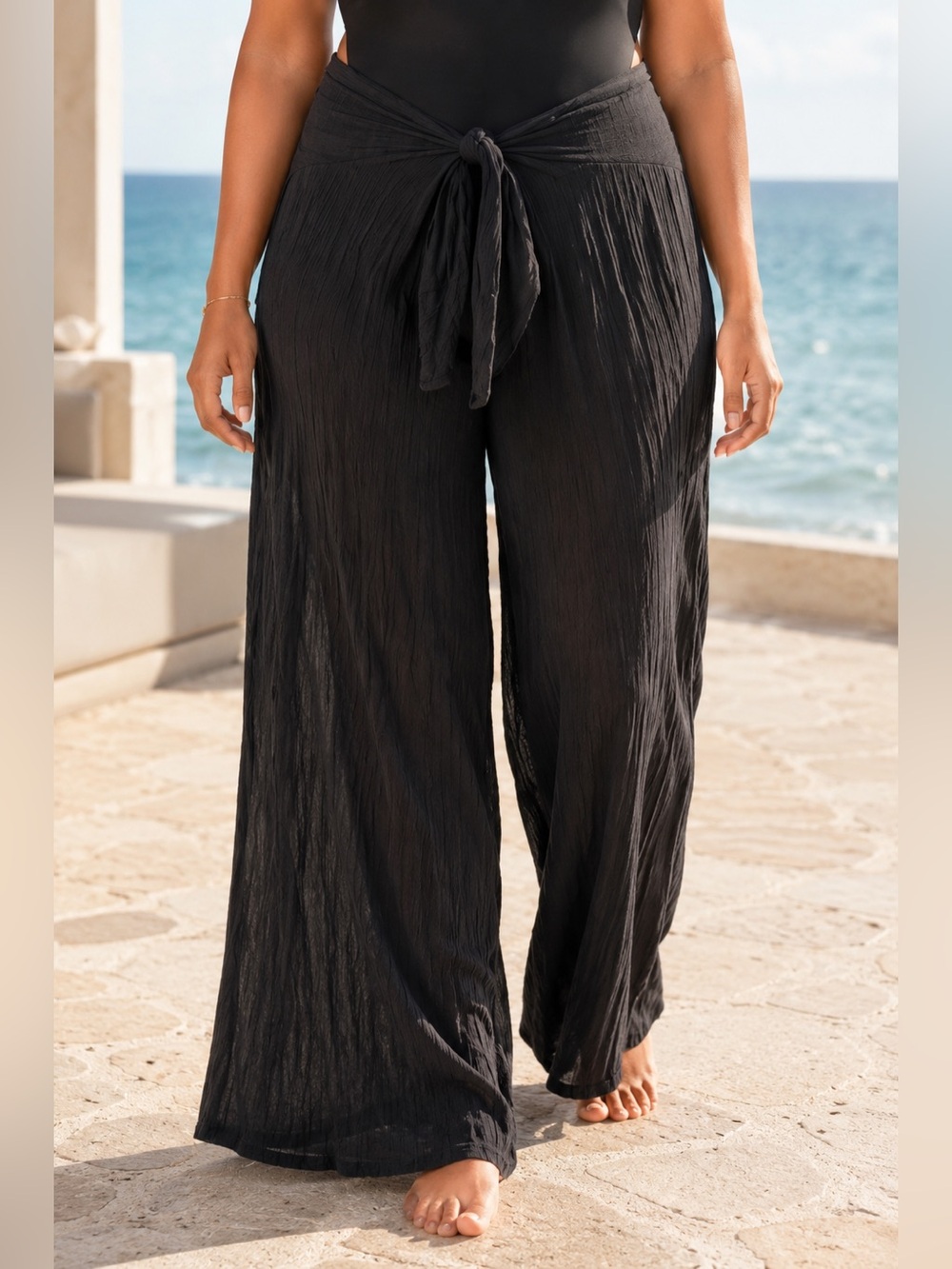 Kona Sol Black Wide Leg Swim Cover Up Pants Tie Waist XL